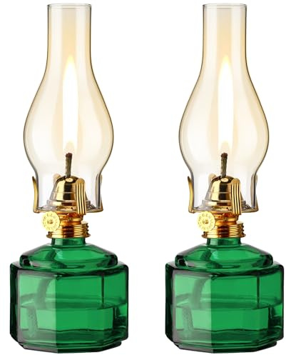 Tuanse 2 Pieces Chamber Oil Lamp,Classic Kerosene Lantern,Vintage Oil Lamp for Indoor Use,Decorative Hurricane Lantern with Adjustable Fire Wick for Halloween Home Tabletop Decor,13 Inch(Green)