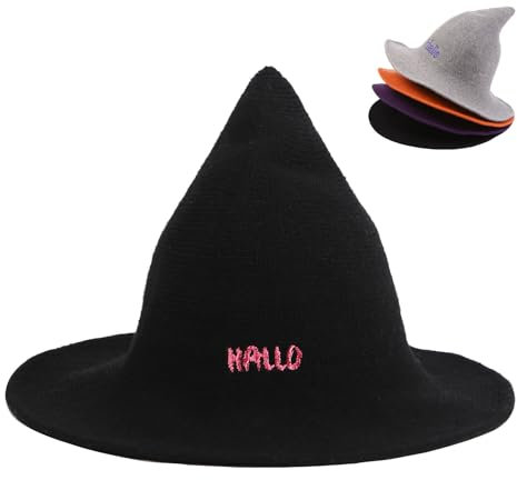 Amsgedhie Hexenhut Damen Halloween: Hexe spitze Krempe Hut - Breite Krempe faux Kaschmir stricken Hut - Name personalisierte Hexe Hut - Hexe Kostüm Party Halloween Dekoration (Schwarz)