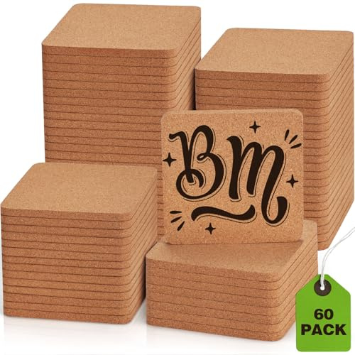 60 STK Kork-Untersetzer für Gravur, Dicke Saugfähige Blanko-Untersetzer | 10 cm Hitzebeständige Couchtisch Untersetzer Bulk Pflanz Untersetzer Wohndekor für Holzbrand, DIY, Hochzeit, Party, Eckig