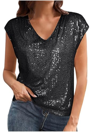 Party Tops Damen Sommer Pailletten Kurzarm Shirt Elegant Festlich Glitzer Tshirt V-Ausschbitt Sexy Oberteile Schön Glänzend Tunika Bluse Longshirt Einfarbig Mode Cocktail Sommershirts