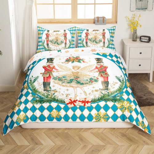 Homemissing Nutcracker Ballet Girl Comforter Cover Set Christmas Nutcracker Duvet Cover Kids Boys Girls Xmas Snowflakes Bedding Set Xmas Bedspread Cover with 2 Pillowcases 3Pcs Bedding Double