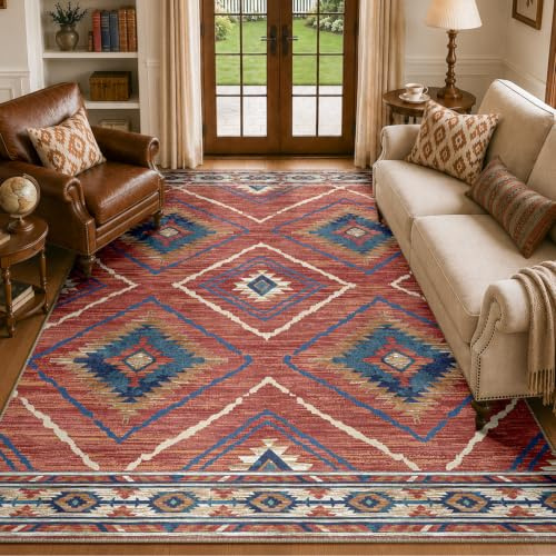 DEFYNEE Teppich Wohnzimmer 150x210 cm, Waschbare Teppiche Groß, Rot-Orange | Vintage Wohnzimmerteppich, waschbarer, OEKO, Retro, Rutschfest Kurzflor Weich für Schlafzimmer, Esszimmer, Küche, Büro