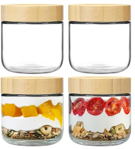 4-Pack 10oz Glass Mason Jars with Lids, Leakproof Overnight Oats Containers | Wide-Mouth Salad & Yogurt Pots for Snacks, Cereals, Coffee,Spices,Pickling & Meal Prep(Airtight Food Storage Jars)