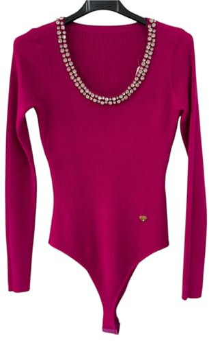 Generico Body Donna in Maglia a Costine con Colletto Gioiello, Fucsia, Manica Lunga