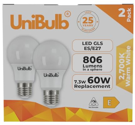 Unibulb E27 Edison Screw (ES) 7.3W Energy Efficient LED Light Bulb, 806 Lumens, 2700K Warm White, 60W Equivalent, 25,000hr Lifespan, Non-Dimmable, Pack of 2