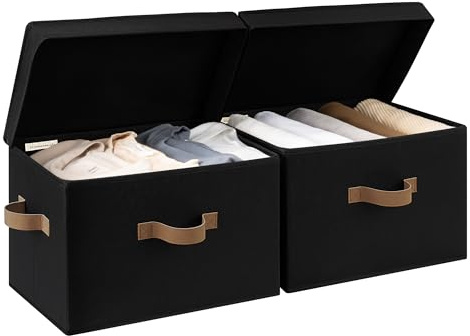 StorageWorks Stoff Aufbewahrungsbox mit Deckel, stapelbare Aufbewahrungsboxen für Kleidung, dekorative Boxen Aufbewahrung mit Deckel, faltbarer Aufbewahrungskorb für Regale, groß, schwarz, 2 Stück