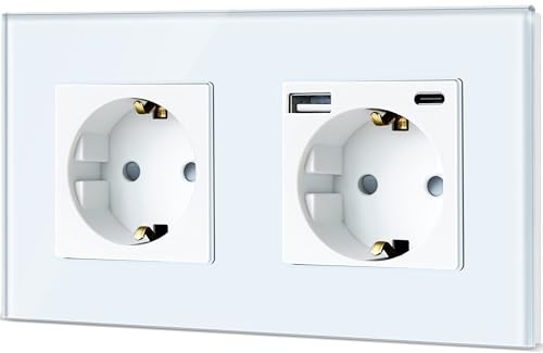 TAWOIA Schuko Steckdose,EU-Standard 2 Fach Steckdose mit USB Type C (MAX 20W) Schnelllade Schnittstelle mit Kristall Glas Platte Doppelsteckdose Weiß 86 * 157mm