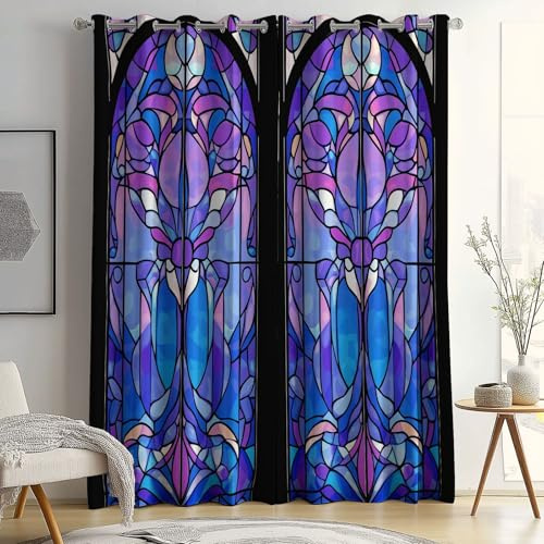 Gothic-Stil Glas Muster Blickdichte Vorhänge H200 x B70 cm (2er Pack) – Buntglas Kirchenfenster Optik, Lila Blau Pink Mosaik Design, Verdunkelungs-Ösenvorhänge, Sonnenschutz, Wärmeisolierend, Waschbar