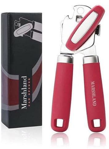 Marshland Tin Opener UK - Stainless Steel Soft Handled Manual-Magnetic Heavy Duty Can Opener that Works for Arthritis Hands – Red