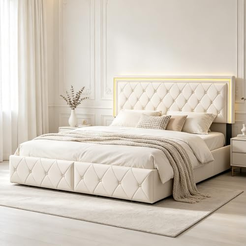 Cama doble tapizada con iluminación LED, 160 x 200 cm - Diseño innovador, Cama de almacenamiento con 4 cajones de almacenamiento, cama para adultos con somier de listones, sin colchón, PU(blanquecino