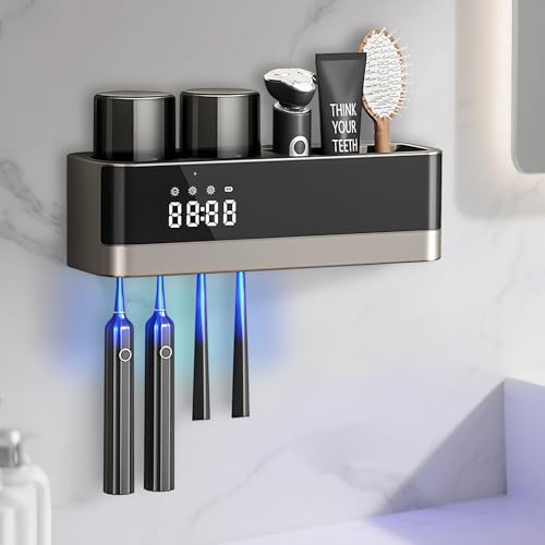 Zahnbürstenhalter UV Sterilisator mit 8000mAh & Solaraufladung - Automatische Trocknung, Timer, Keimfrei für 4 Bürsten + 2 Becher, Wandmontage Ohne Bohren (Gray)