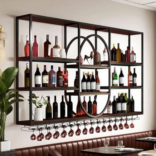 Dernoing Wandmontiertes Weinregal mit Weinglashalter, großes 4-stöckiges Metallregal für Spirituosen, Weinregal im Vintage-Stil, Aufbewahrungs- und Präsentationsregal für die Hausbar (Schwarz, 180CM)