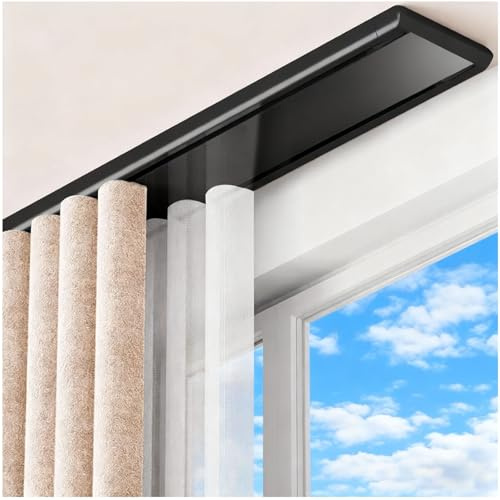 2-läufig Vorhangschiene Deckenmontage, Schwerlast Gardinenschiene Aus Aluminium, 1.6 2 2.4 2.6 3 3.2 4 5.8 6 m Leise Vorhangstange, Schienenvorhangsystem Für Wohnzimmer(Schwarz,1.3m)
