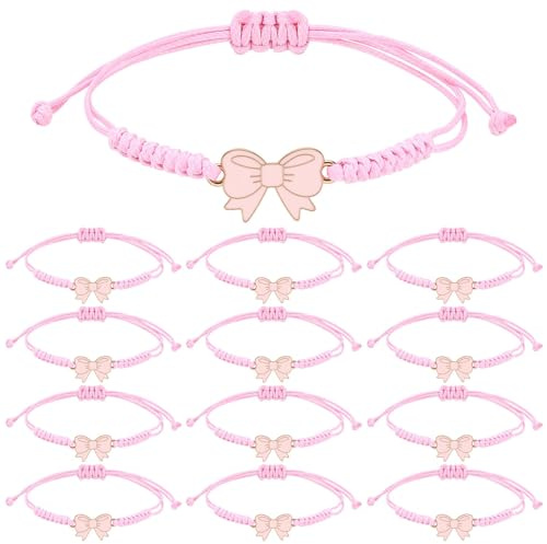 CNSJ 12 Pcs Coquette Bow String Bracelets Adjustable Cute Pink Bowknot Braided Rope Bracelet for Mother and Daughter Women Friend Birthday Valentine's Day Party Favor Supplies