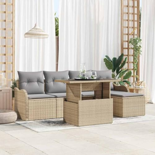 Kaloriko Modulare Outdoor Sitzgruppe für 6 Personen, Beige Poly Rattan, mit Kissen, verstellbaren Füßen, wetterfest, für Garten und Terrasse