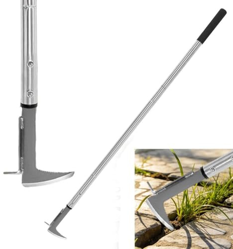 Rascador de malas hierbas, rascador de juntas con mango largo, cortador de malas hierbas de acero inoxidable con borde dentado en forma de L, dispositivo ergonómico de mango largo para jardín