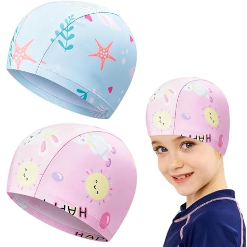 RIIRCSGE 2 Pcs Kids Swimming Cap, Girls Swimming Cap Boys Kids For 1-6 Years Old Childs With Long Hair Waterproof Swim Hat Caps Stretchable Pu Material For Pool And Water Activities