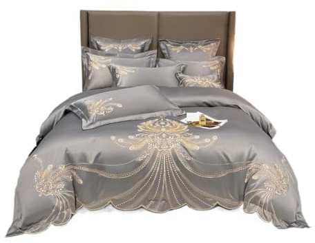 Satin-bäddset 4/6-delat vit-grå-satin guldbroderi-satin bomullsset för dubbelsäng, drottning, kung, trösteröverdrag, lakan örngott (färg 2, FITTED_200 x 230 cm 4 st)