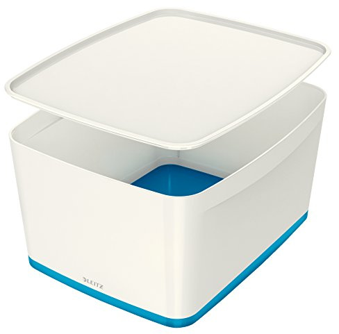 Leitz Large MyBox with Lid, Storage Box for Home and Office, High Gloss Plastic, 18 Litre, A4, White/Blue Metallic