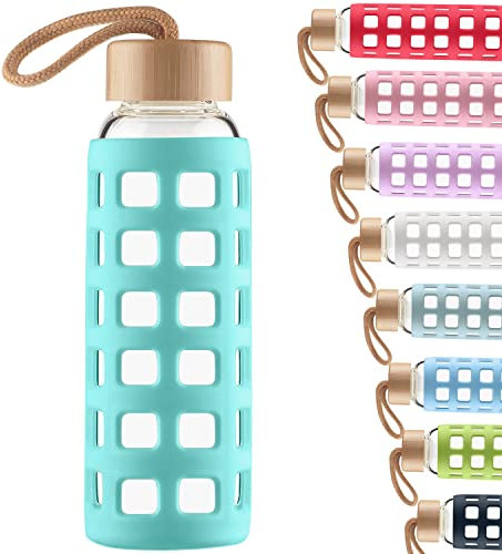 Cleesmil Sports Glass Water Bottle with Silicone Sleeve with Bamboo Lid BPA Free 660 ml (Aqua Blue)