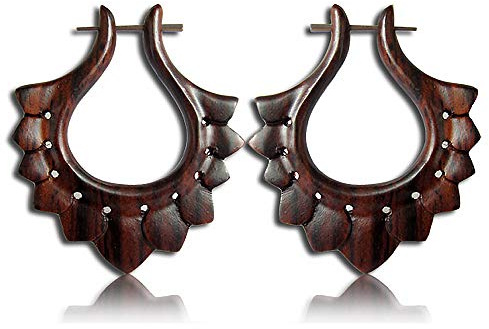 viva-adorno 1 Paar Holz Ohrringe geschnitzt Holz Creolen Pin Ohr Piercing Ethno Tribal Blüten Blätter CC470A