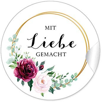 72 STICKER Mit Liebe gemacht Etiketten für ihr Gastgeschenk mit roter Rose und zwei Ringe in Goldgelb kein Echtgold zum beschriften von Selbstgemachtes, Briefen oder Geschenkverpackungen