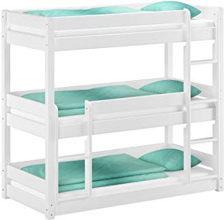 Erst-Holz®Weißes Dreier-Etagenbett für Erwachsene Stockbett für DREI Personen 90x200 Kiefer weiß V-60.03-09WRollrost inkl.