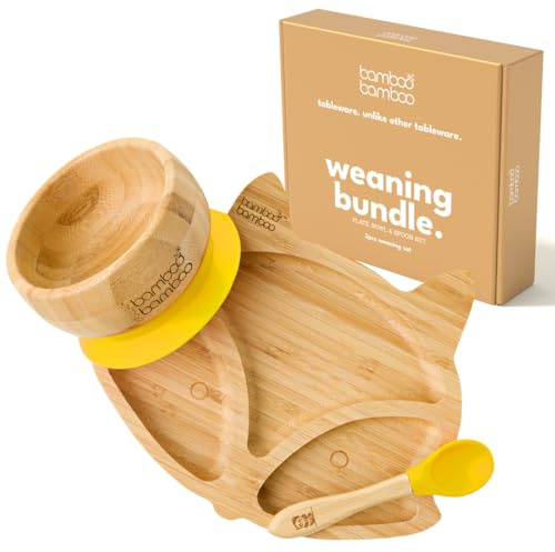 bamboo bamboo Babytallrik och skålset - bambu babyskål och tallrik med sugkopp för barn | Giftfri | Cool to The Touch | Perfekt för baby-led-bröllop (skål och rävtallrik, gul)