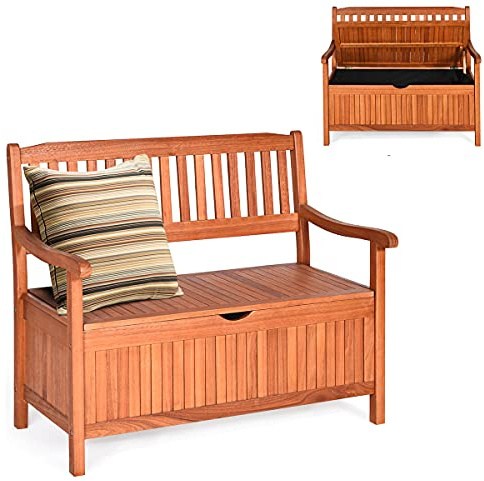 RELAX4LIFE Panchina da Esterno 2 Posti, Panca Contenitore in Legno di Acacia con Cassapanca, Schienale e Braccioli, Strato Interno Impermeabile, Max 360KG per Interno/Giardino (Arancione, 107×59×90cm)