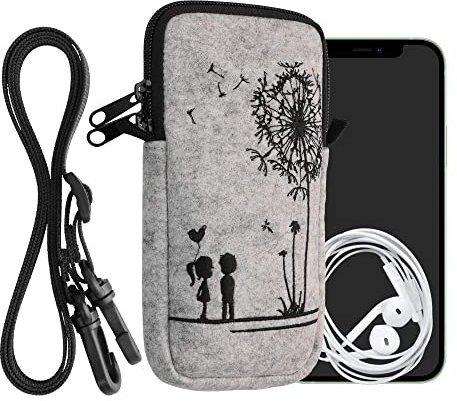 kwmobile Handytasche für Smartphones XL - 6,7/6,8 - Filz Handy Hülle Schwarz Hellgrau - Handy Tasche mit Kette 17,2 x 8,4 cm Innenmaße - Pusteblume Love
