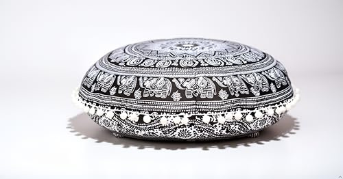 Runder Mandala-Bodenkissenbezug, Sitzkissen, Überwurf, Hippie, dekorativer Bohemian-Pouf-Bezug, Pompom-Kissenbezüge, Boho-Indisch, 55,9 cm (schwarzer Elefanten)
