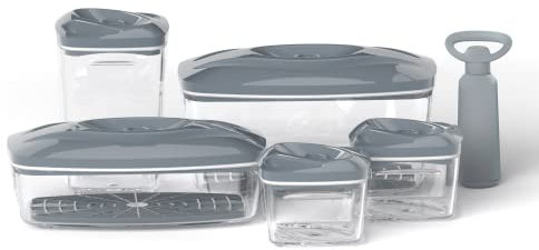 DAFI Set mit Vakuumbehälter SeeYoo 5er-Set, Grau - Inkl. Pumpe, Frischhaltedosen mit Deckel, Lebensmittelbehälter, Vorratdosen, Aufbewahrungsbehälter-Set - Meal Prep Boxen