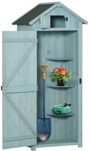 Outsunny Capanno da Giardino Piccolo in Legno, Casetta Porta Attrezzi Salvaspazio con 3 Mensole Rimovibili e Apertura sul Tetto, Tetto in Asfalto Impermeabile e Porta con Blocco, 77x54.2x179cm, Blu