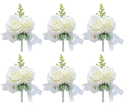 6 Stück Boutonniere Rose Hochzeit Künstliche Handgefertigte Satin Hochzeit Ansteckblume bräutigam Trauzeugen Handarbeit Corsage Knopfloch Blumen für Bräutigam Herren Braut Frauen,Weiß