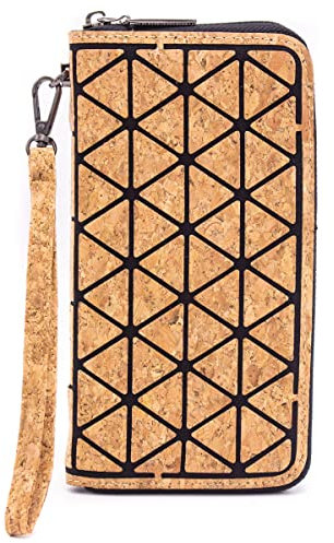 Bunte Welt GELDBÖRSE/Geldbeutel FÜR Damen, Gross VIELE FÄCHER, MIT Reissverschluss, VEGAN, VEGANES Leder, Kork, Motiv Geometric-Dreiecke, Vintage