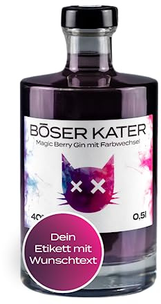 BÖSER KATER Magic Berry Gin | Persoanlisierte Geschenkidee mit Wunschtext | Das perfekte Geschenk | Farbwechsel-Effekt von Violett zu Pink | Personalisierte Flasche | Fruchtiger Geschmack 0,5l 40% Vol.