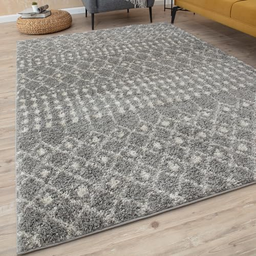 THE RUGS Modern Moroccan Design Living Room and Bedroom Rugs, Non-Shedding & Easy Care (Moroccan Grey/Ivory, 140x200 cm)