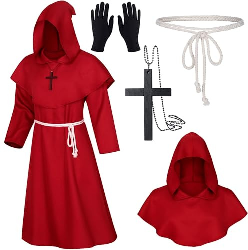 XCMVCN Disfraz Monje, Túnica Medieval Renacentista, Halloween Túnica de Monje Capucha para Hombre, Halloween carnaval y trajes de rol (Rojo,M)