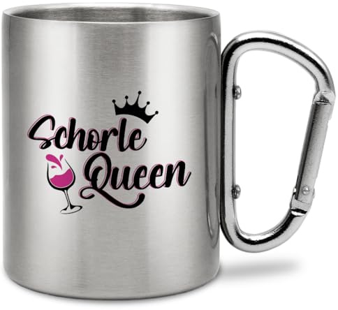 Prozente Momente Schorle Queen | Edelstahl-Trinkbecher mit Karabinerhaken | Geschenkidee | 330 ml | Becher | Camping | Vereine | Silber