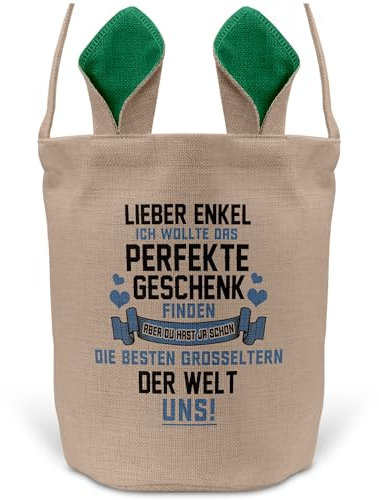 22Feels Enkel Kinder Junge Osterkorb mit Henkel Ostergeschenk Tragetasche Ostern Deko Osternest Körbchen Hasenohren (Beige/Grün)