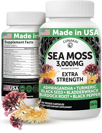 Lunakai USA Made Irish Sea Moss Capsules with Black Seed Oil, Ashwagandha, Burdock Root & Bladderwrack, 60ct