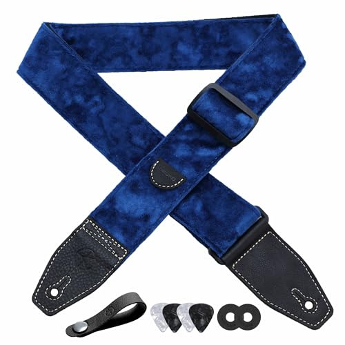 YIKOKO Guitar Strap 2 inch Velvet Guitar Straps with Full Grain Leather End, for Bass Electric and Acoustic Guitars, Free Strap Button, 2 Strap Locks and 4 Guitar Picks