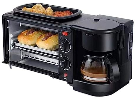Grill électrique Station de petit-déjeuner électrique 3 en 1 de taille familiale, gril/plancha antiadhésif moulé sous pression avec couvercle en verre, four grille-pain 2 tranches, cafetière, avec min