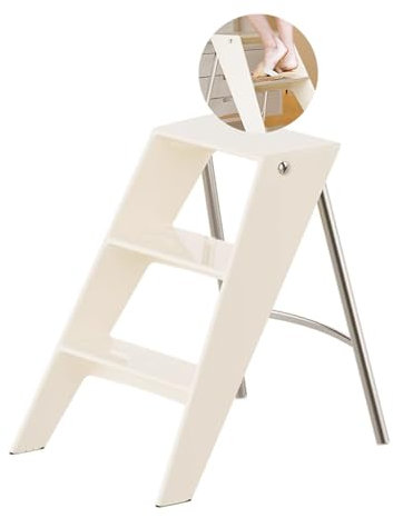 L17.3xW20.5xH24.8 Acrylic 3 Step Folding Ladder Stool Load 150kilograms Library Step Stool Wider Non-slip Treads Electroplated Silver Iron Frame Home Step Ladder