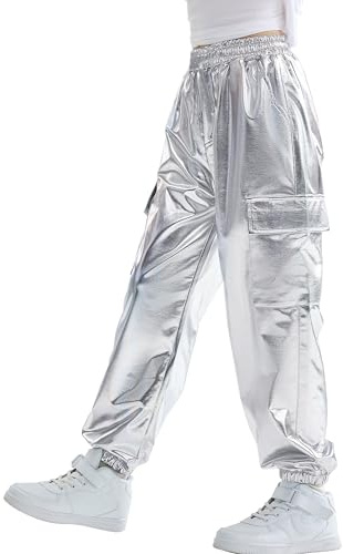 Rolanko Flickor Hip Hop Byxor Barn Cargobyxor Elastisk Jogger för Streetwear Dans, SILVER, 10-11 År