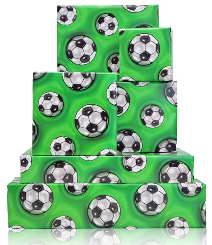 Vnaaem Geschenkpapier mit 3D-Effekt, Fußball-Motiv, für Jungen, Geburtstag, Sport, Design für Kinder, Mädchen, Geburtstag, Party, Babyparty, Urlaub, 50 x 70 cm, Grün, 6 Stück