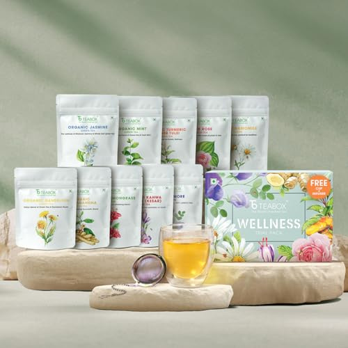 Teabox Wellness Test Pack 10 Exquisite Teas Inspired by Ancient Ayurvedic Wisdom Premium Herbal and Green Tea Collection (Includes Valencia Glass Teacup and Elegant Ball Infuser)