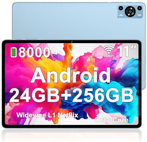 ZIOVO 2026 Neuest Tablet 11 Zoll Android mit 24GB RAM+256GB ROM/TF 2TB, Octa-Core 2.0 GHz, GMS, 8000mAh, Widevine L1, 5MP+13MP, 5G WLAN, Bluetooth 5.0, Face ID, GPS, Tablet mit Case - Blau