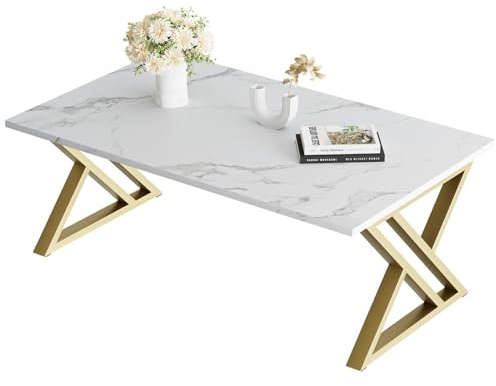 Huhote Soffbord, vardagsrumsbord, soffbord av trä, kaffebord, sidobord för vardagsrum, enkel montering, X-ställ, öppen förvaringsutrymme, 100 x 48 x 55 cm, marmor vit och guld metallram