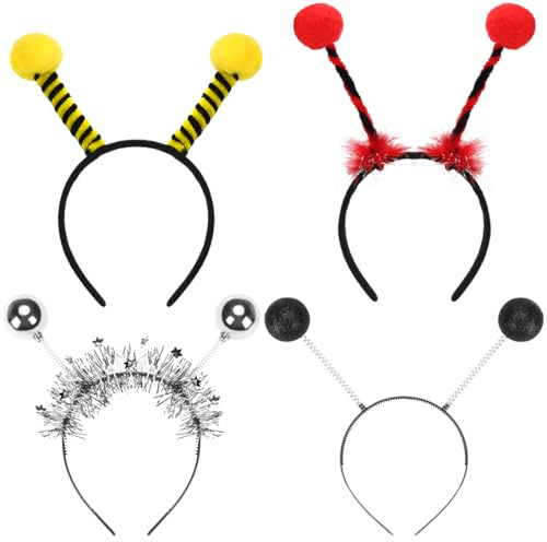 Cadimus 4 Stück Karneval Haarreif, Bienen Fühler Haarreif, Marienkäfer Fühler Haarreif, Alien Haarreif Silber, Haarreif Fühler Schwarz, Fühler Haarreif für Karneval Fasching Motto Party
